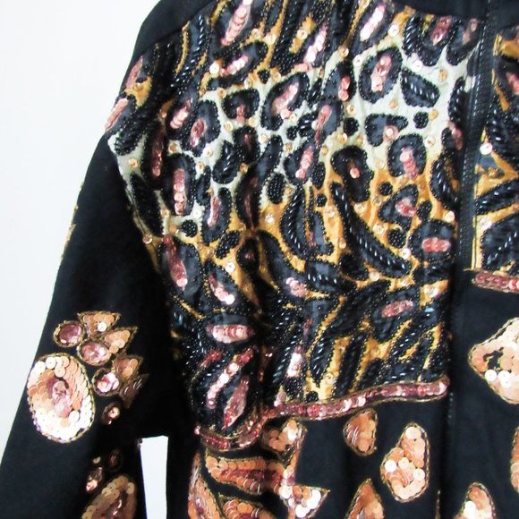 RARE! VINTAGE MODI DENIM SEQUIN JEAN JACKET in Black Animal Print Design M/L - Picture 4 of 11
